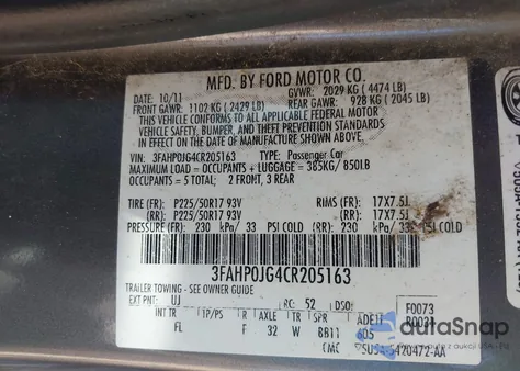2012 Ford Fusion Sel from USA, damaged, VIN 3FAHP0JG4CR205163